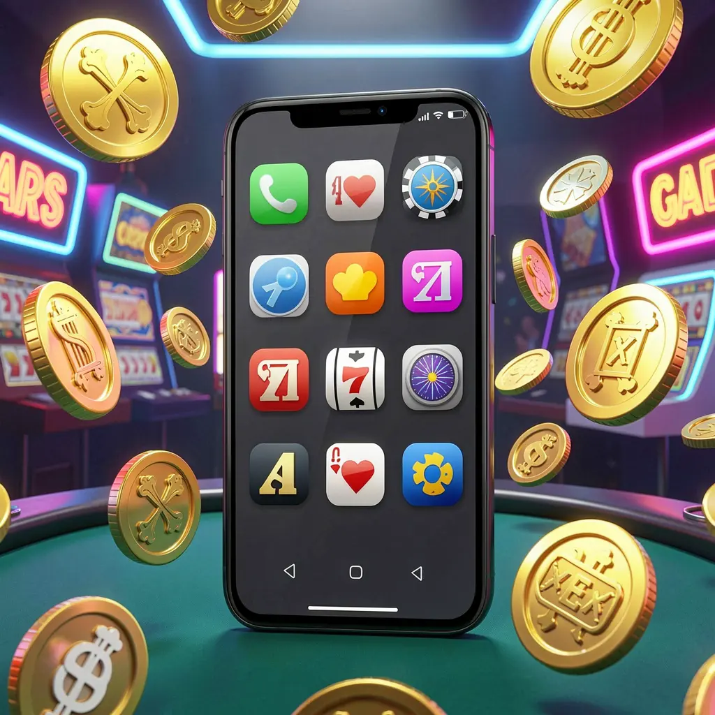 Realistic 3D render of a modern phone displaying the 62 JL Android casino app with app icons, surrounded by floating golden coins and slot symbols in a neon casino atmosphere