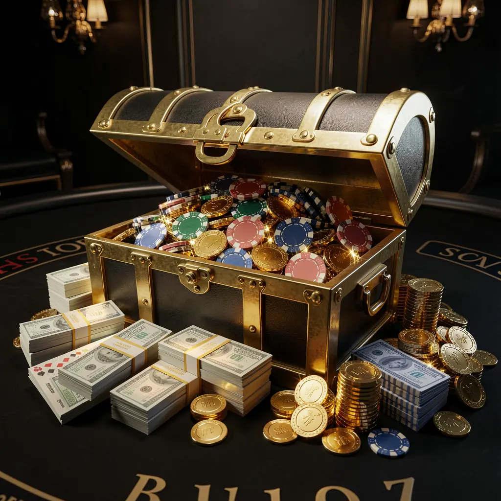 62 JL casino rewards scene featuring a golden treasure chest overflowing with colorful chips, cash bundles, and sparkling coins in an elegant black and gold setting with dramatic lighting