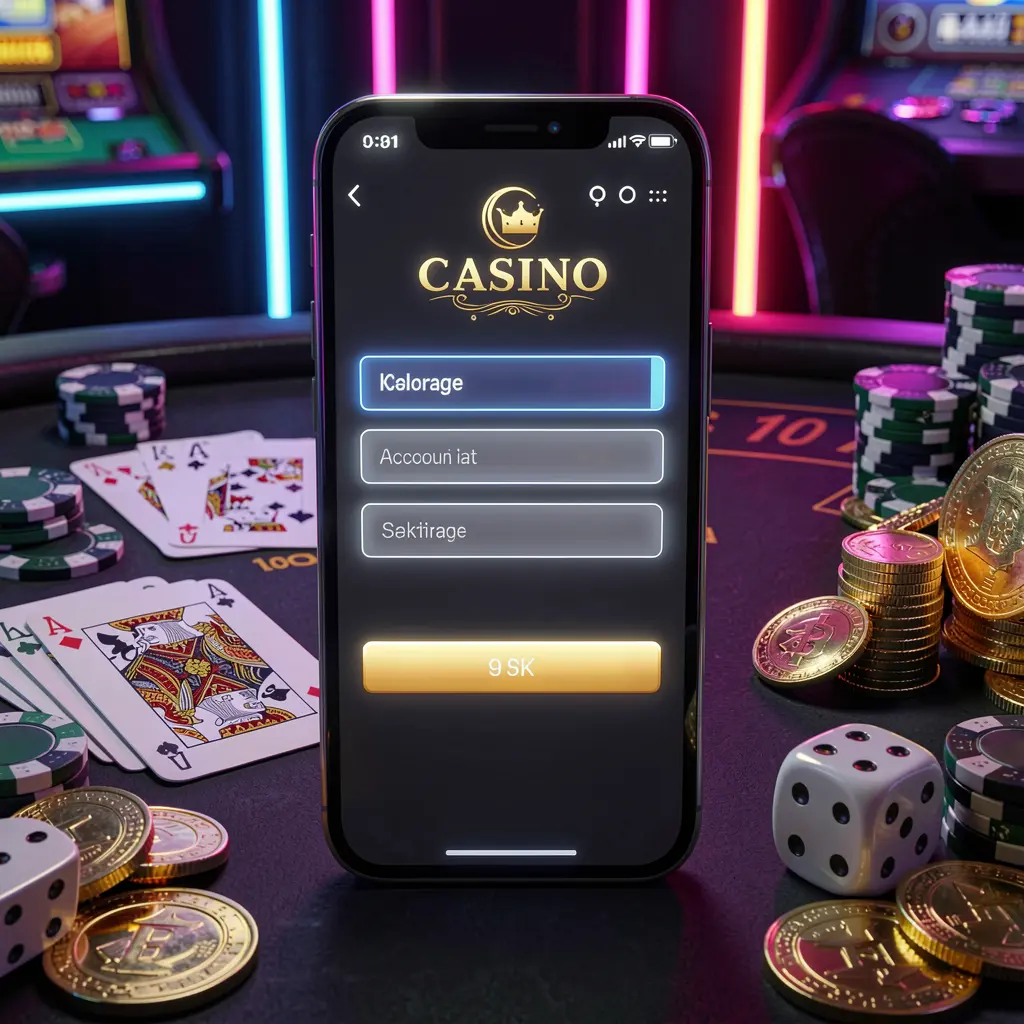 62 JL casino account sign in scene with a glowing smartphone on a casino table surrounded by cards, chips, dice, and gold coins, set against an elegant dark background with neon highlights in a realistic 3D render