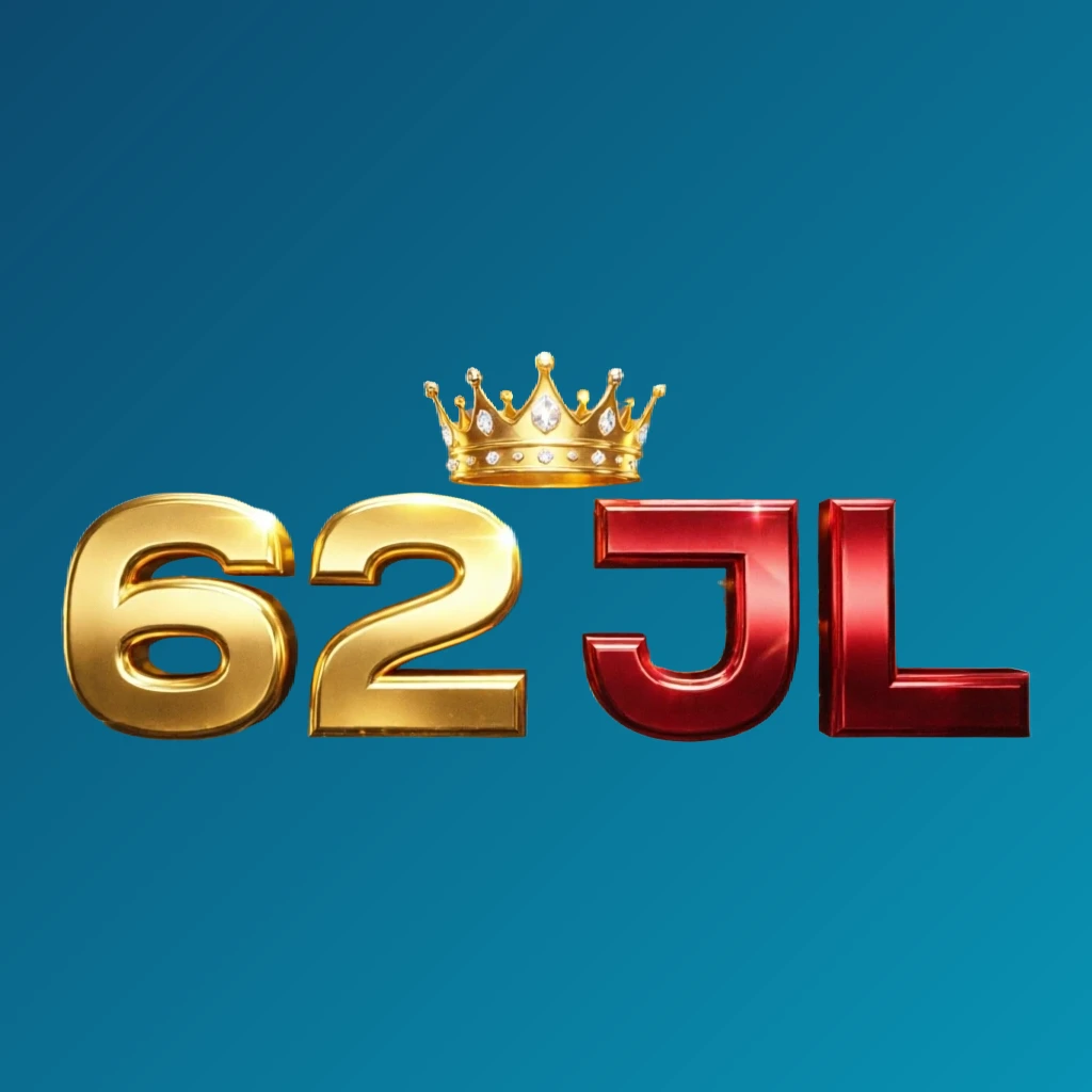 Dynamic casino-style logo for 62 JL featuring massive bold gold and crimson lettering with a glowing crown and sparkling light effects on a transparent background