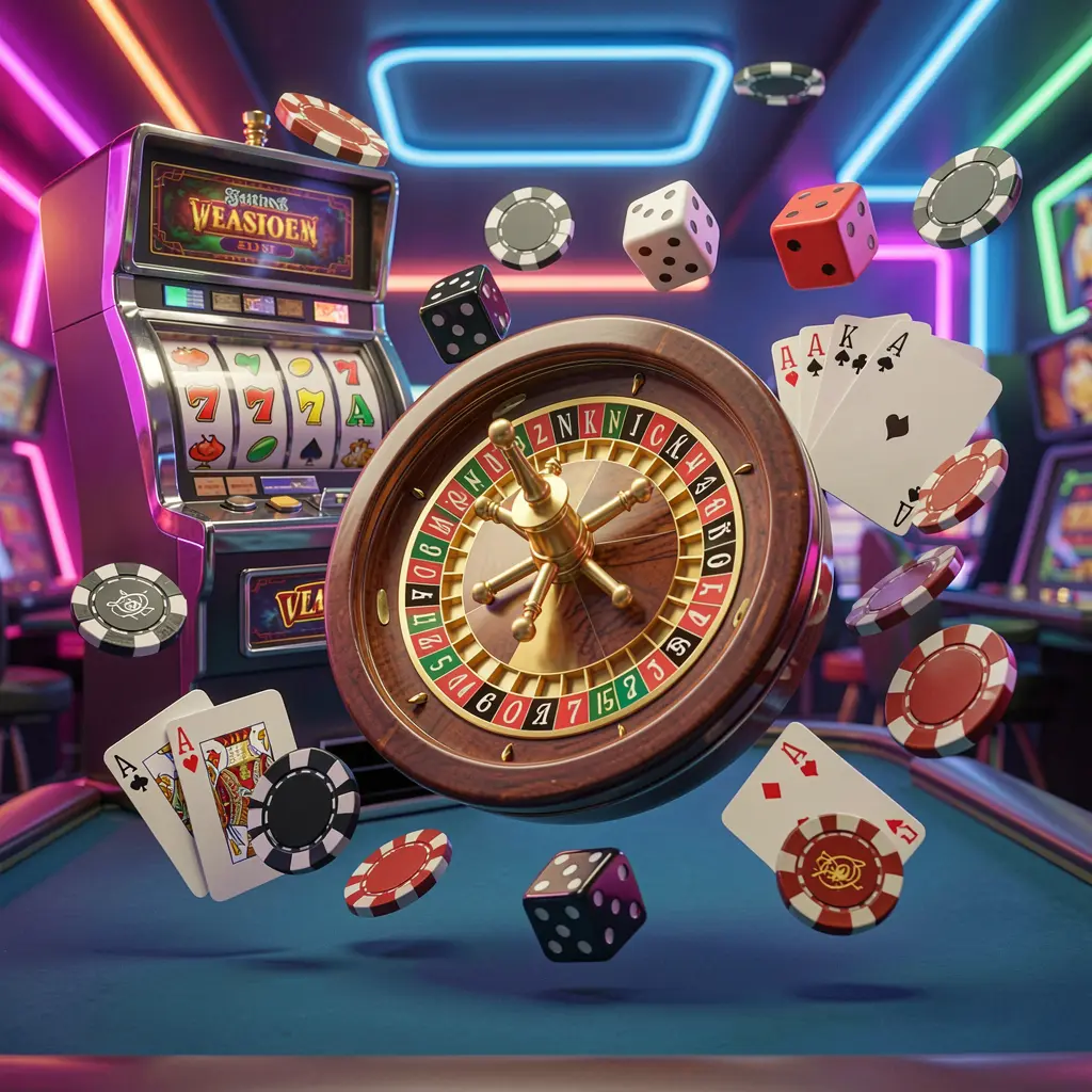 62 JL casino games collection homepage visual featuring a slot machine, roulette wheel, dice, playing cards, and poker chips floating together with colorful neon lights in a premium 3D render